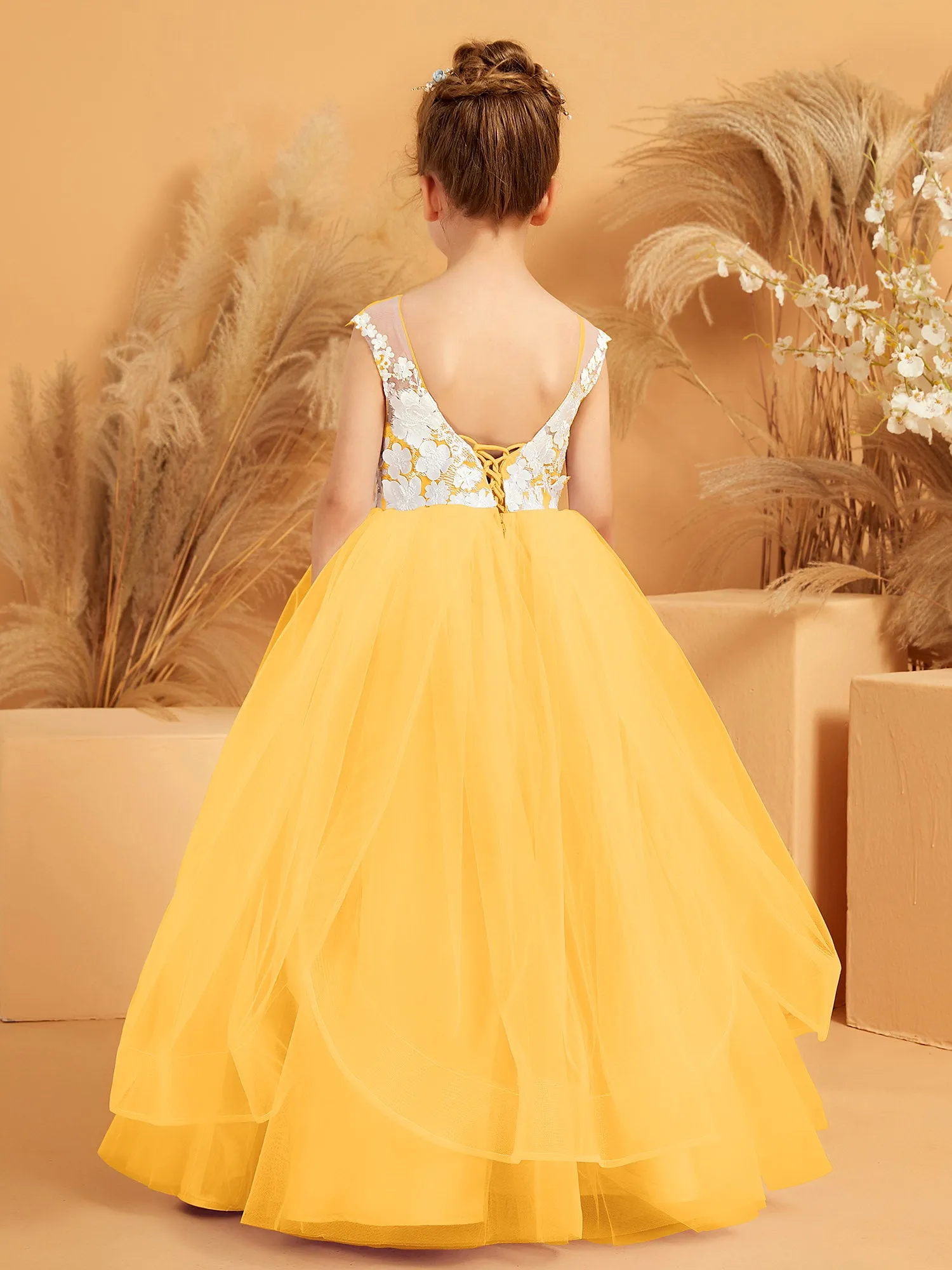 Illusion Lace Applique Tulle Flower Girl Ball Gown Tangerine