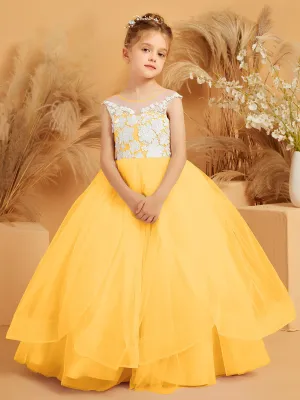 Illusion Lace Applique Tulle Flower Girl Ball Gown Tangerine