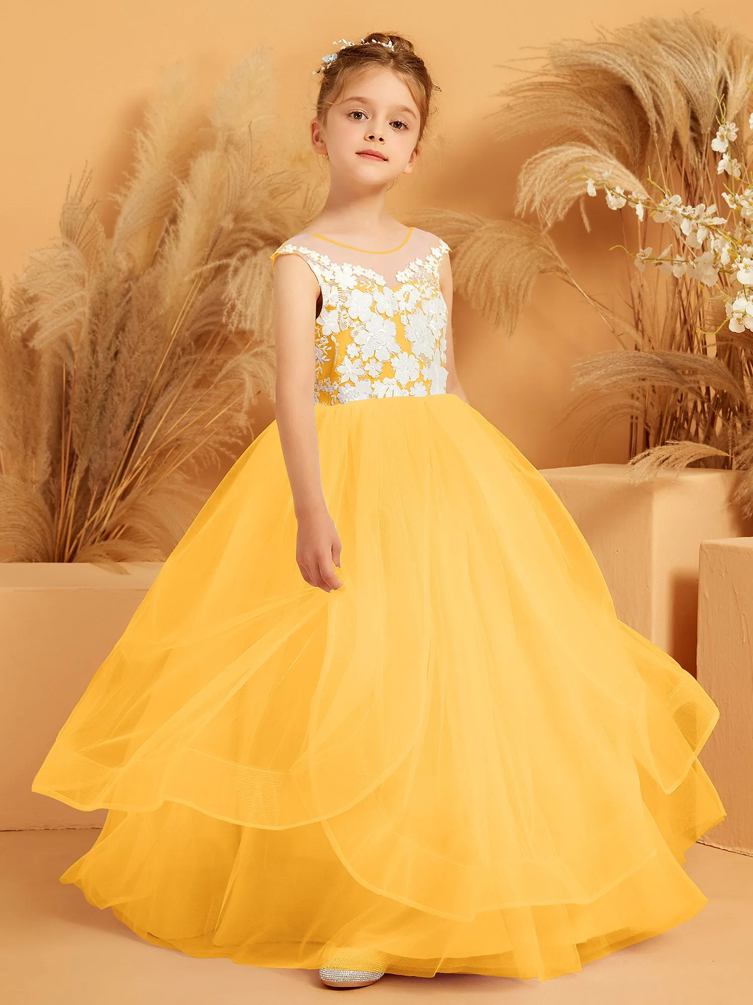 Illusion Lace Applique Tulle Flower Girl Ball Gown Tangerine