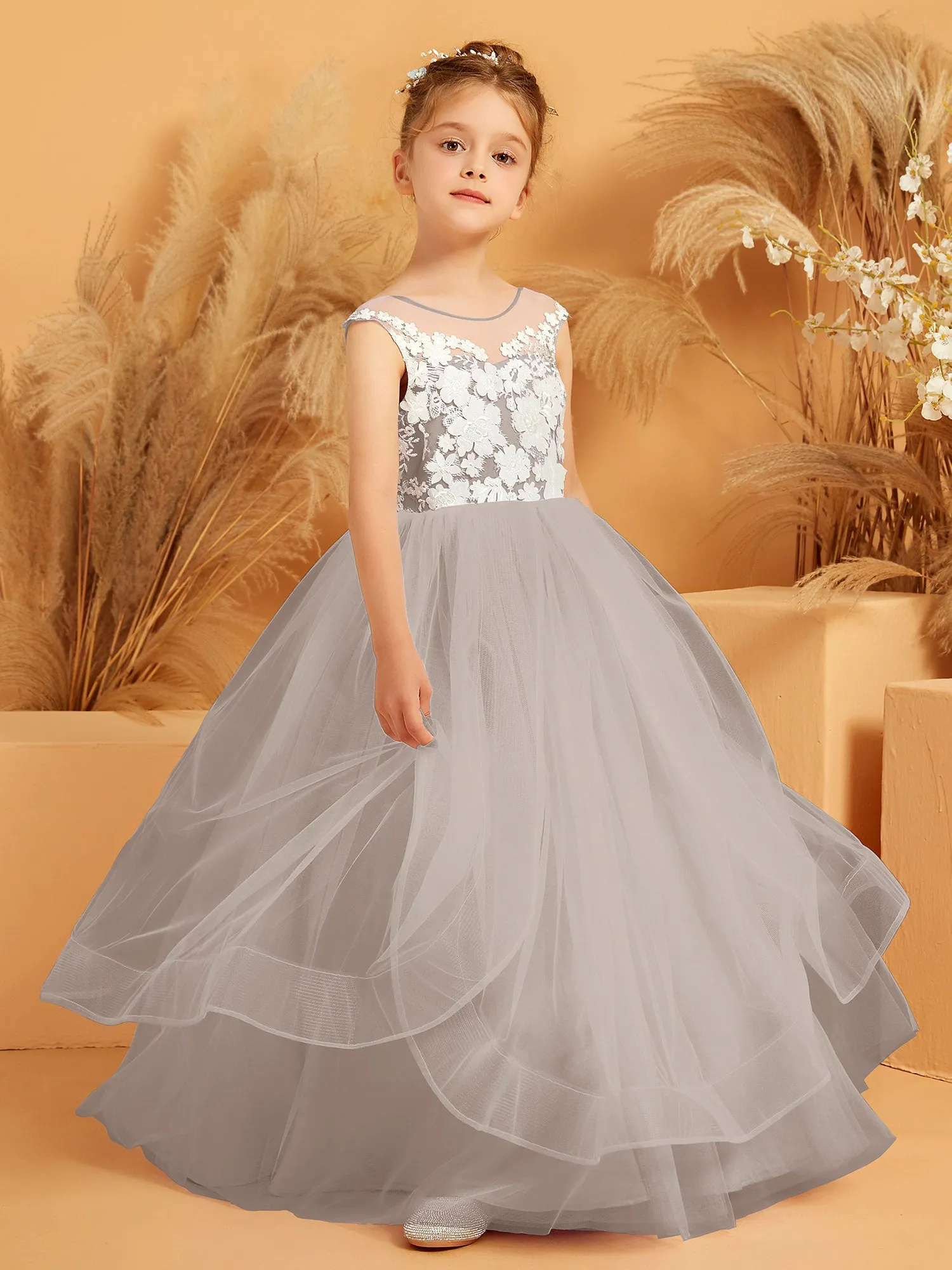 Illusion Lace Applique Tulle Flower Girl Ball Gown Taupe