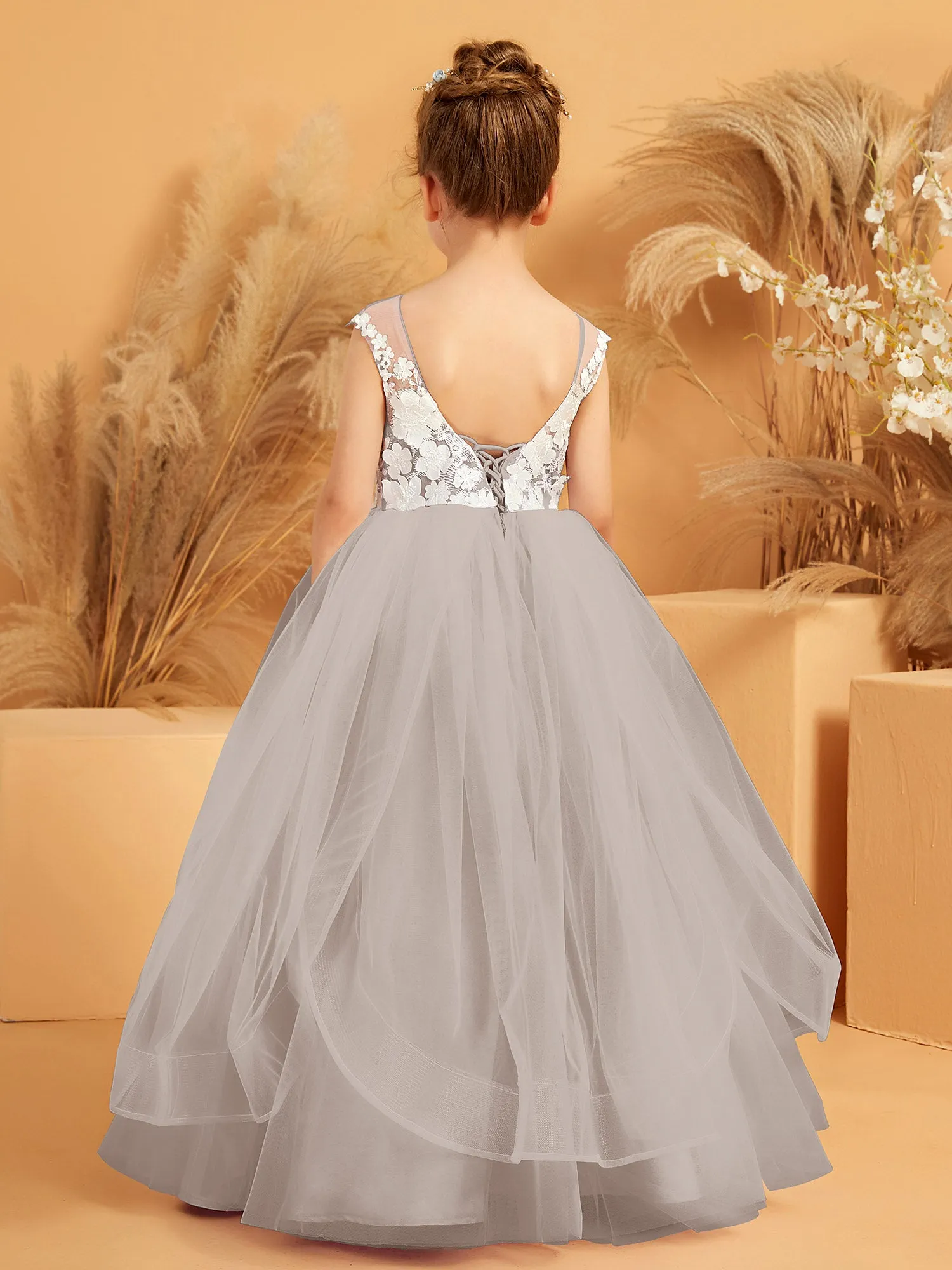 Illusion Lace Applique Tulle Flower Girl Ball Gown Taupe