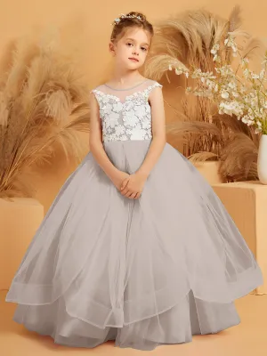 Illusion Lace Applique Tulle Flower Girl Ball Gown Taupe