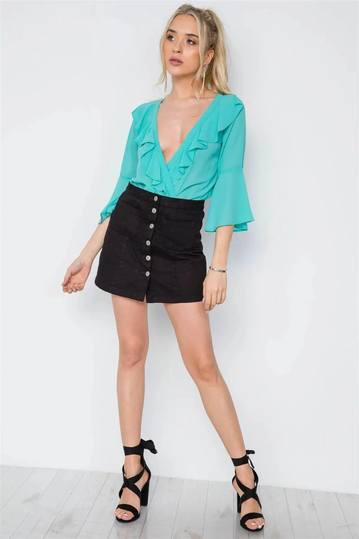Jade Chiffon Bell Sleeve Ruffle Bodysuit /2-2-2