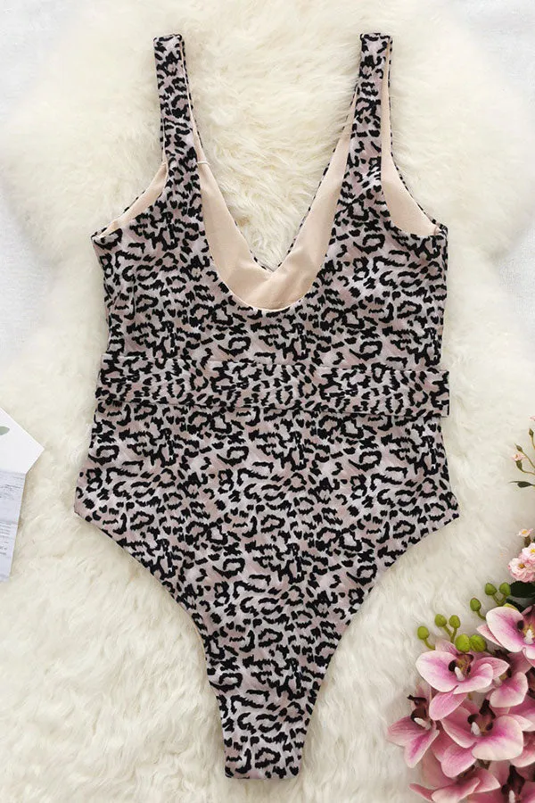 Leopard Print Deep V Neck Stylish Ring One Piece Swimwear