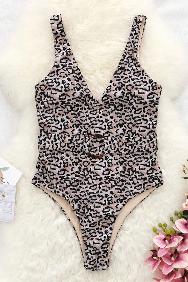 Leopard Print Deep V Neck Stylish Ring One Piece Swimwear
