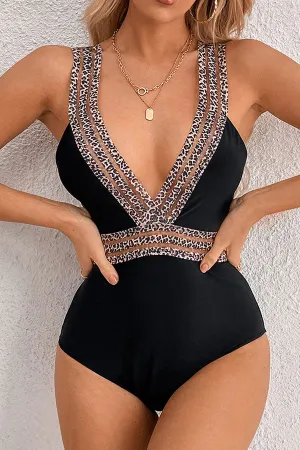 Leopard Print Patchwork Deep V Neck Feminine One Piece Swimwear