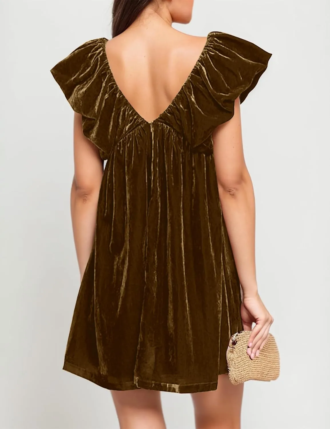 Livtany Women's Velvet Satin Bow Babydoll Dress V Neck Puff Sleeves Mini Dress Solid A Line Pleated Short Dress Party Club
