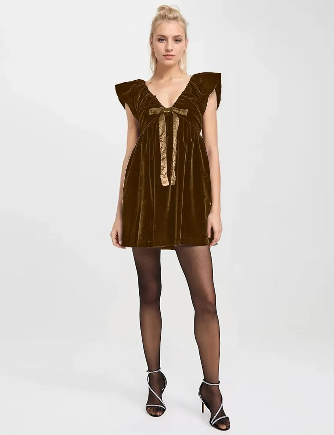 Livtany Women's Velvet Satin Bow Babydoll Dress V Neck Puff Sleeves Mini Dress Solid A Line Pleated Short Dress Party Club