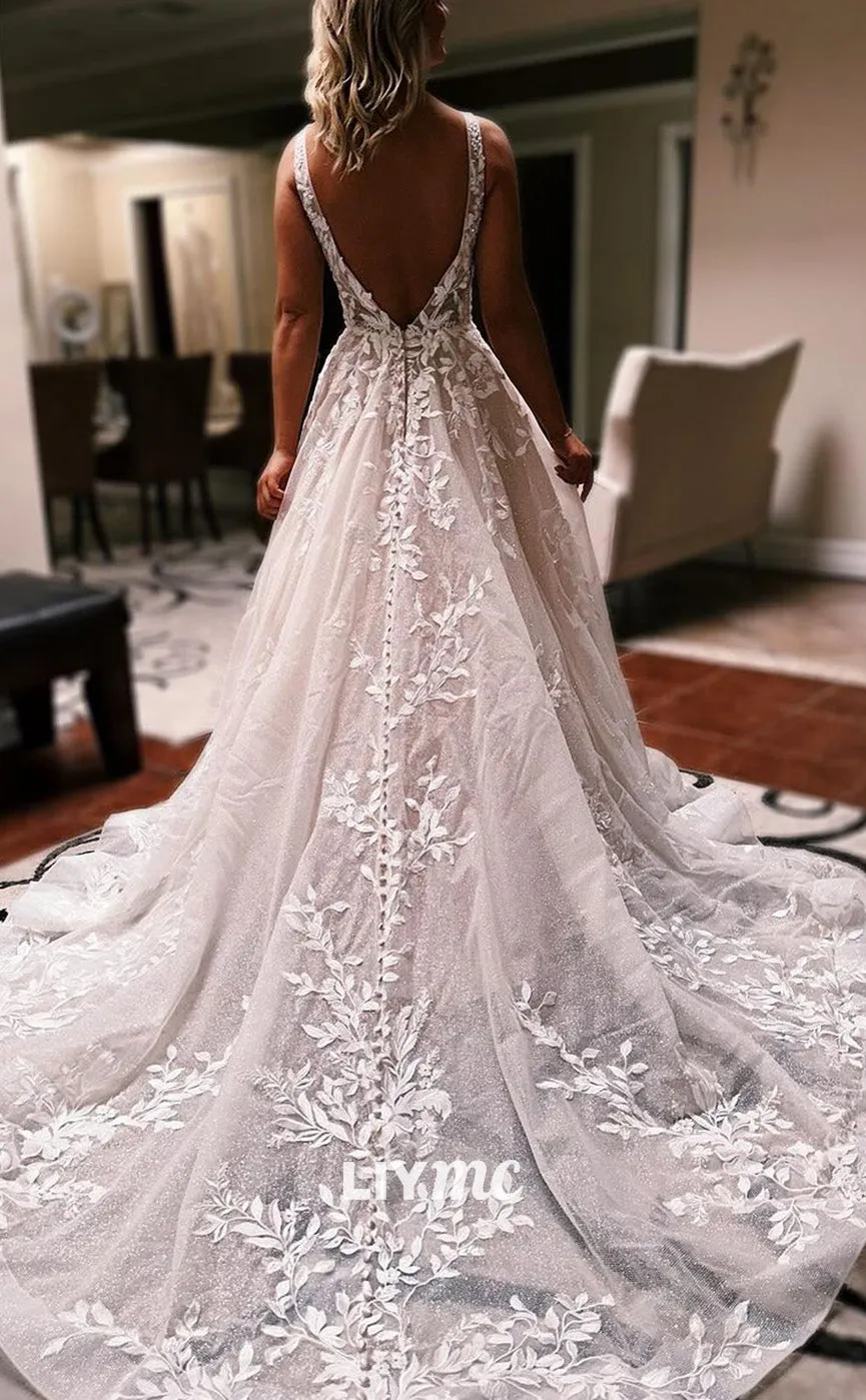 LW916 - V-Neck Sleeveless Appliques A-Line Ball Gown Wedding Dress