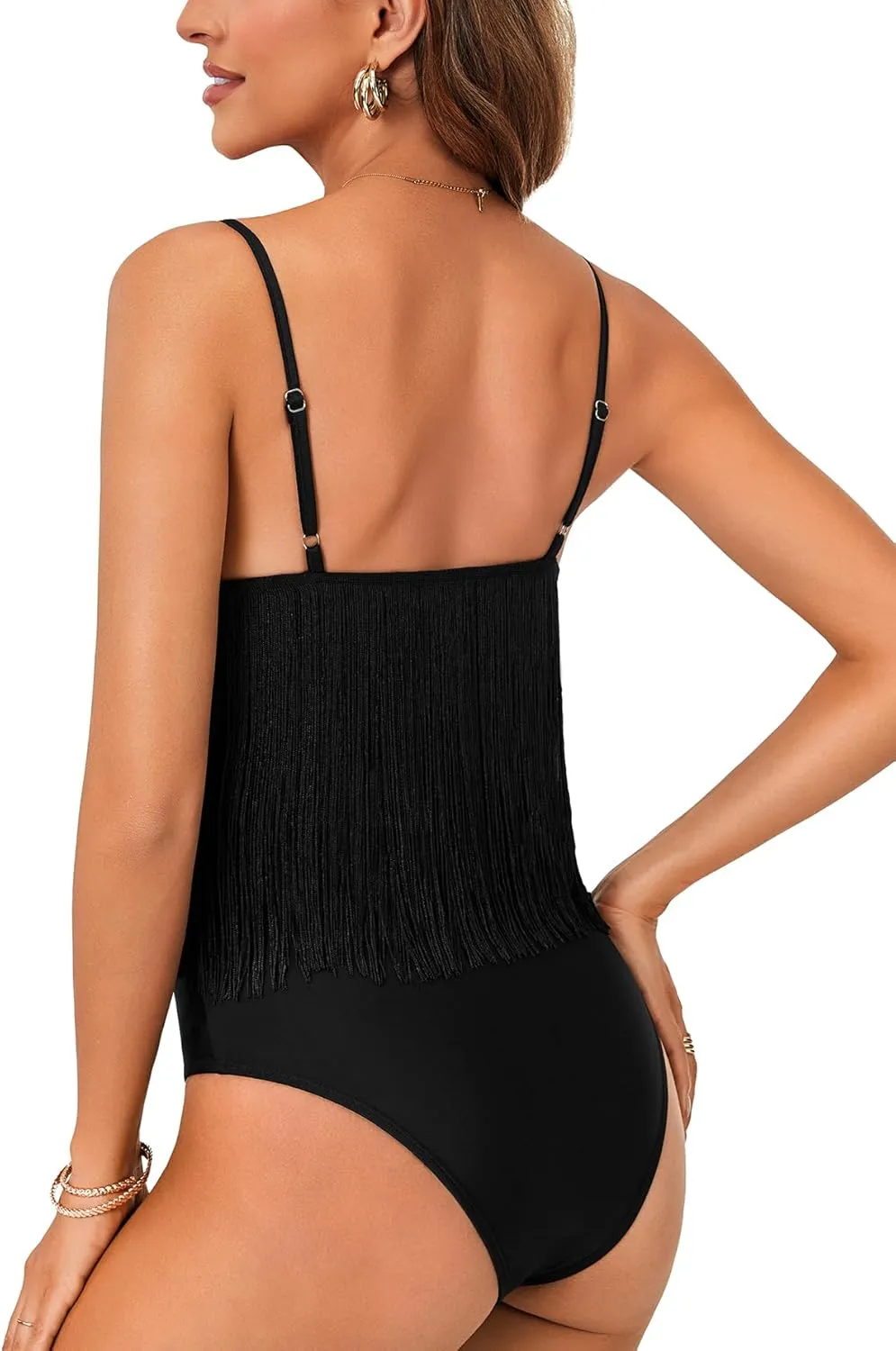 LYANER Women's Fringe Sleeveless Bodysuits Boho Tassel Body Suits Stretchy Cami Summer Leotards Tops