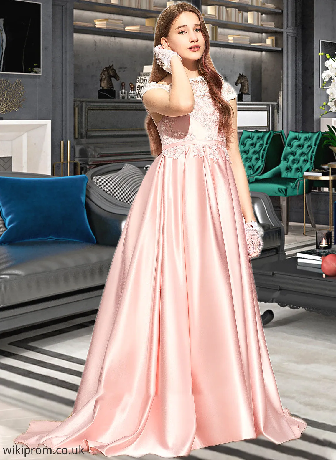 Madge Ball-Gown/Princess Off-the-Shoulder Sweep Train Satin Lace Junior Bridesmaid Dress SWKP0013460