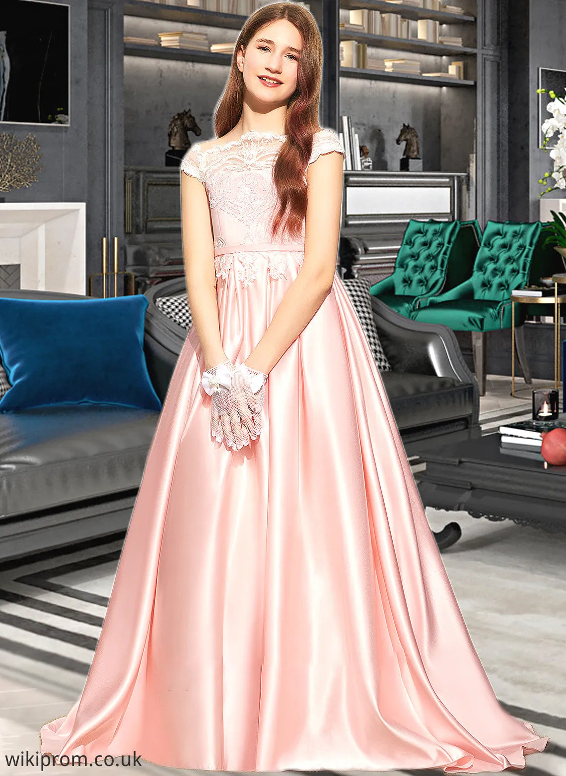 Madge Ball-Gown/Princess Off-the-Shoulder Sweep Train Satin Lace Junior Bridesmaid Dress SWKP0013460
