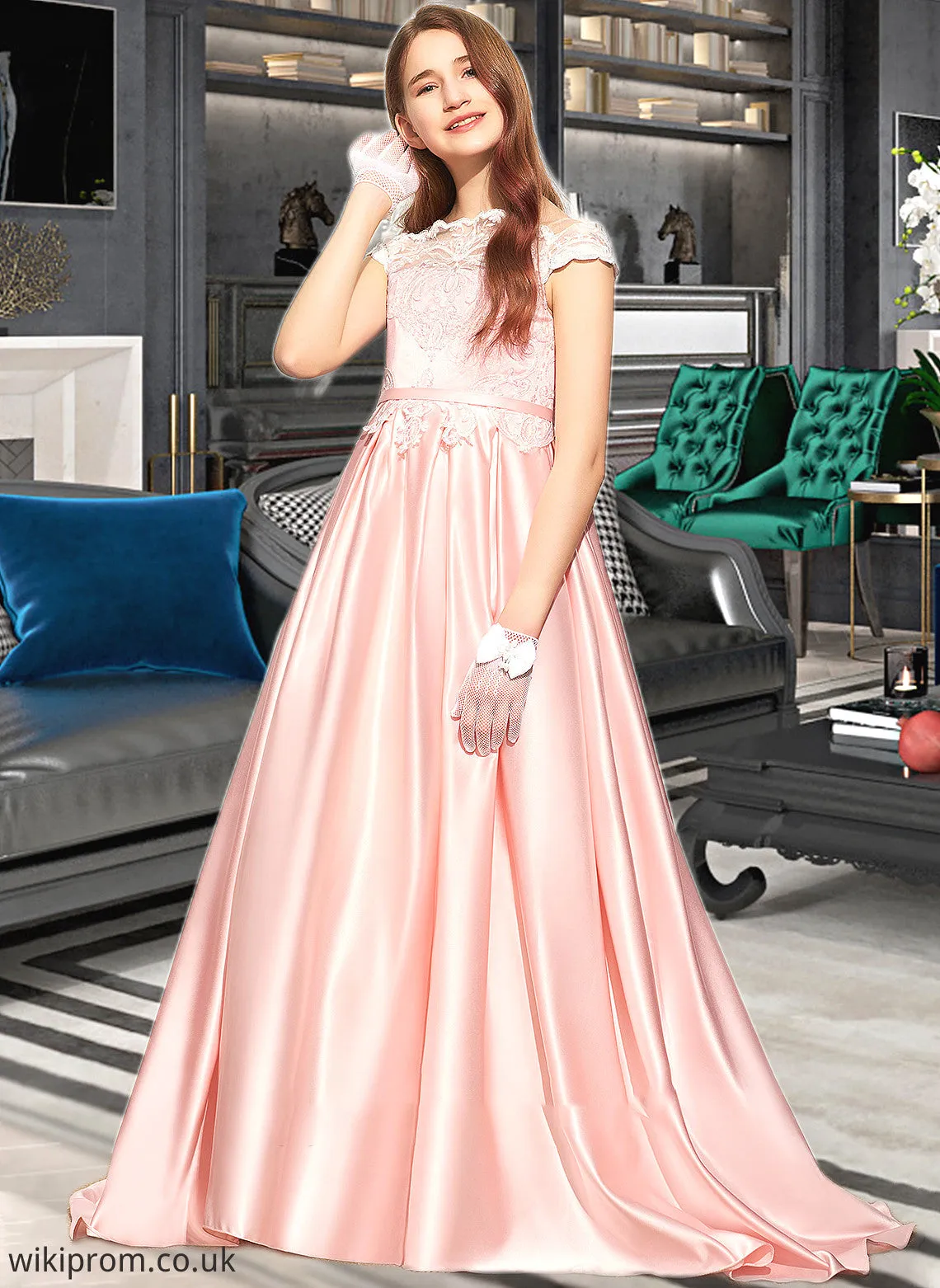 Madge Ball-Gown/Princess Off-the-Shoulder Sweep Train Satin Lace Junior Bridesmaid Dress SWKP0013460