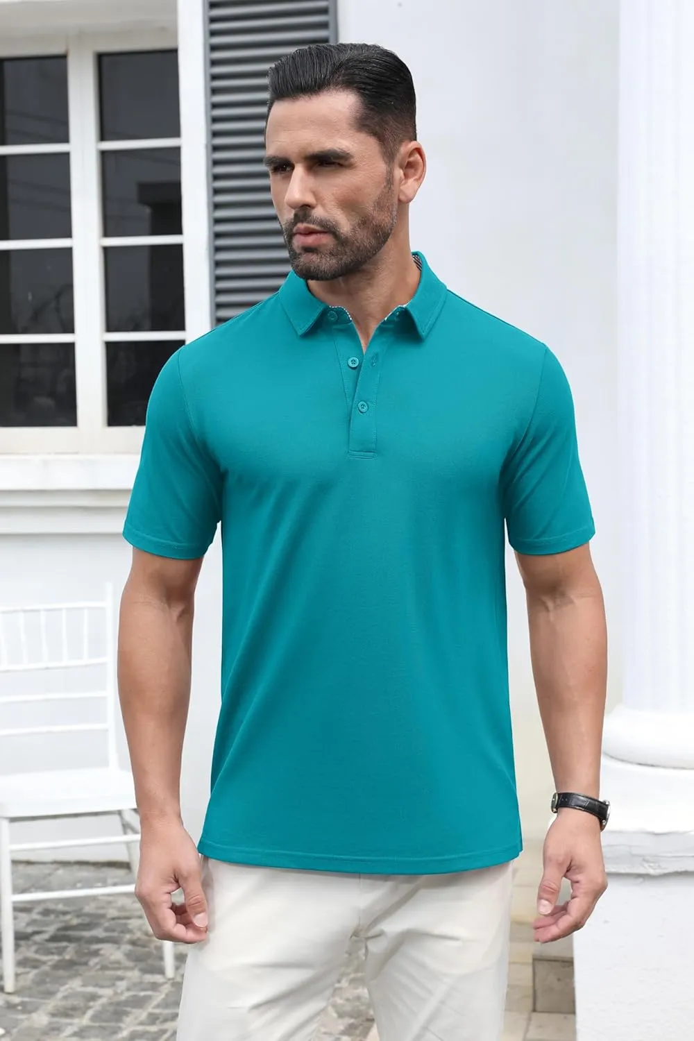 MAGCOMSEN Men's Polo Shirts Short Sleeve Cotton Pique 3 Button Classic Fit Casual T-Shirt Performance Golf Shirts