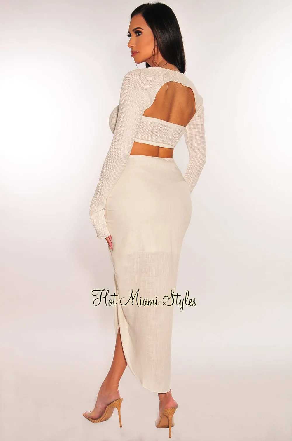 Off White Linen Ruched Drawstring Slit Skirt