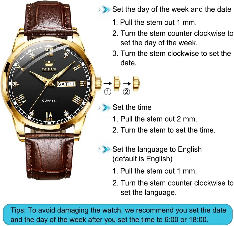 OLEVS Men's Simple Watch with Day and Date, Stainless Steel Analog Quartz Watches for Men, Classic Luminous Hands Men's Dress Watches, Black/White/Blue Dial