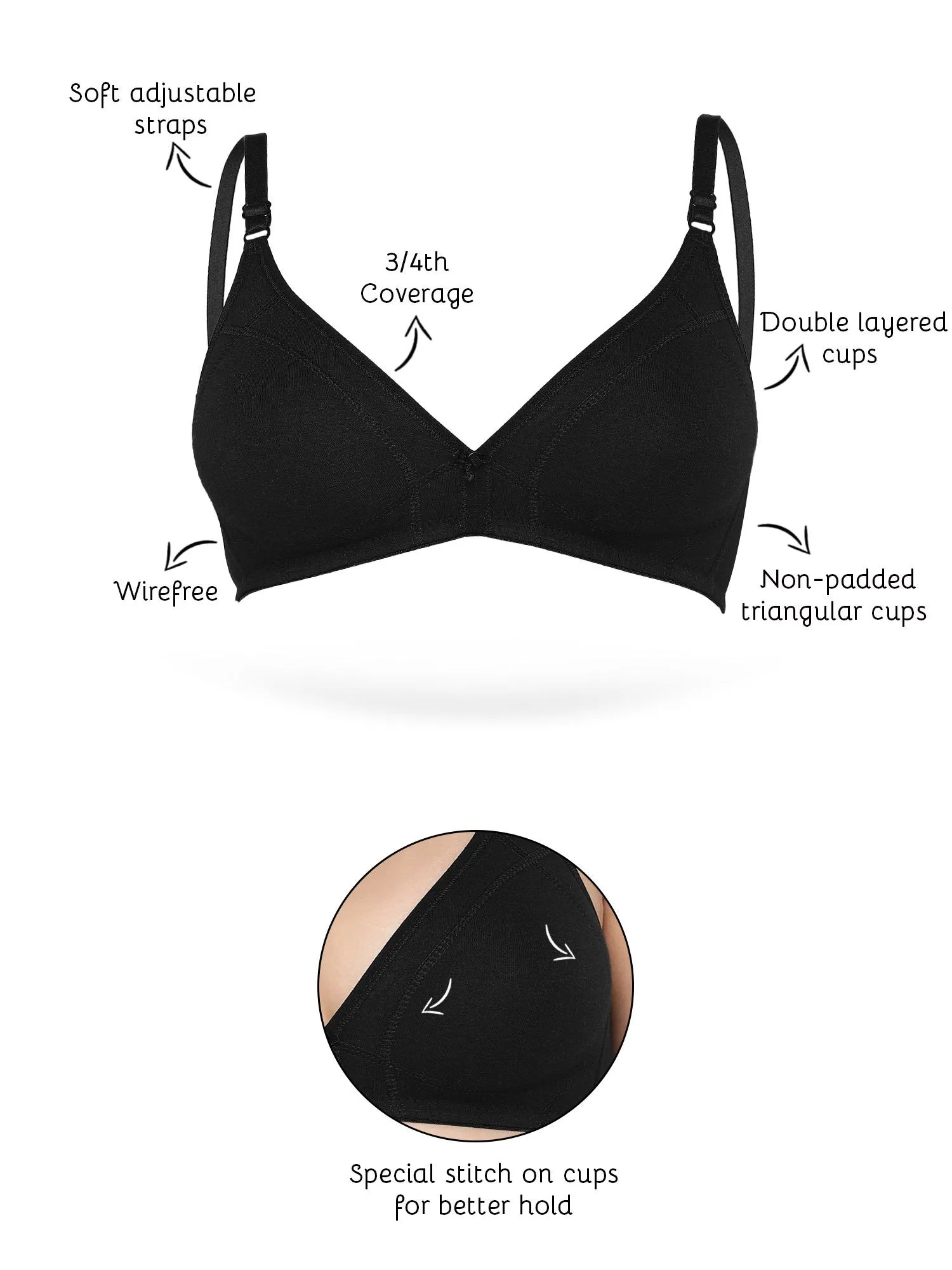 Organic Cotton Antimicrobial Seamless Triangular Bra with Supportive Stitch (Pack of 3)-ISB099-_Black_Black_Skin-