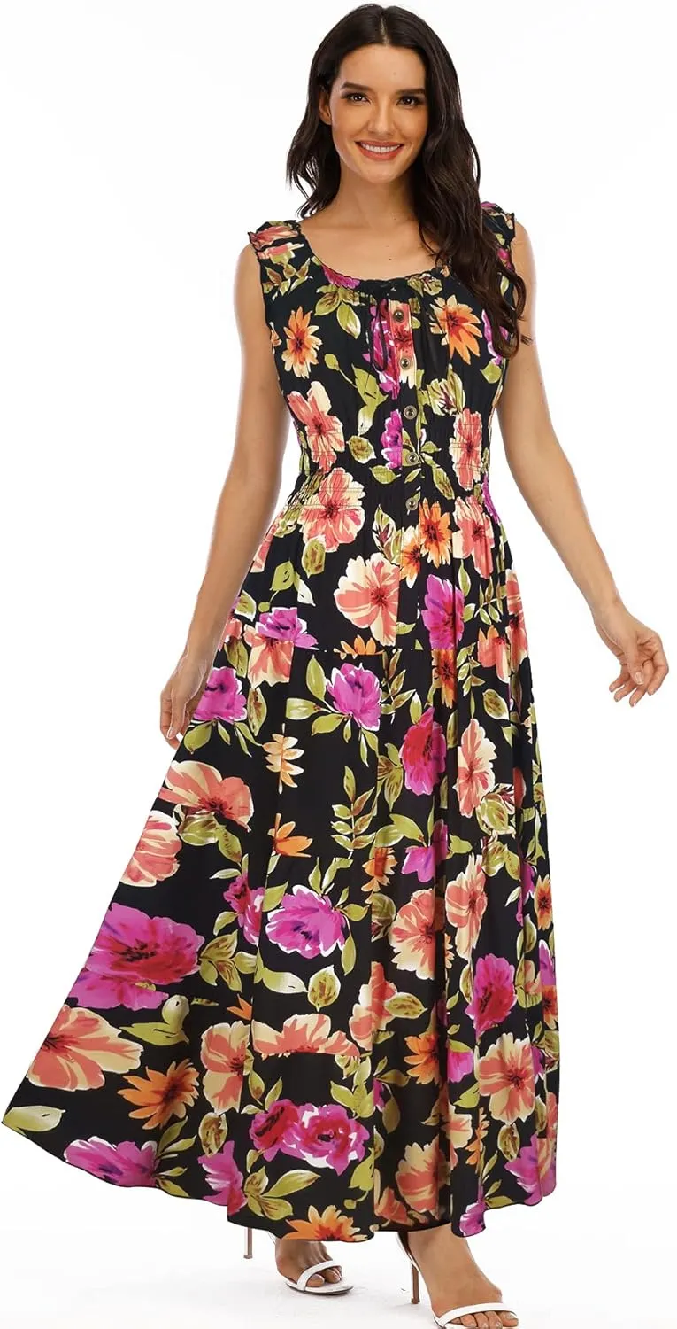 OSTOO Women's 2025 Summer Boho Floral Print Tiered Casual Flowy Long Maxi Dress