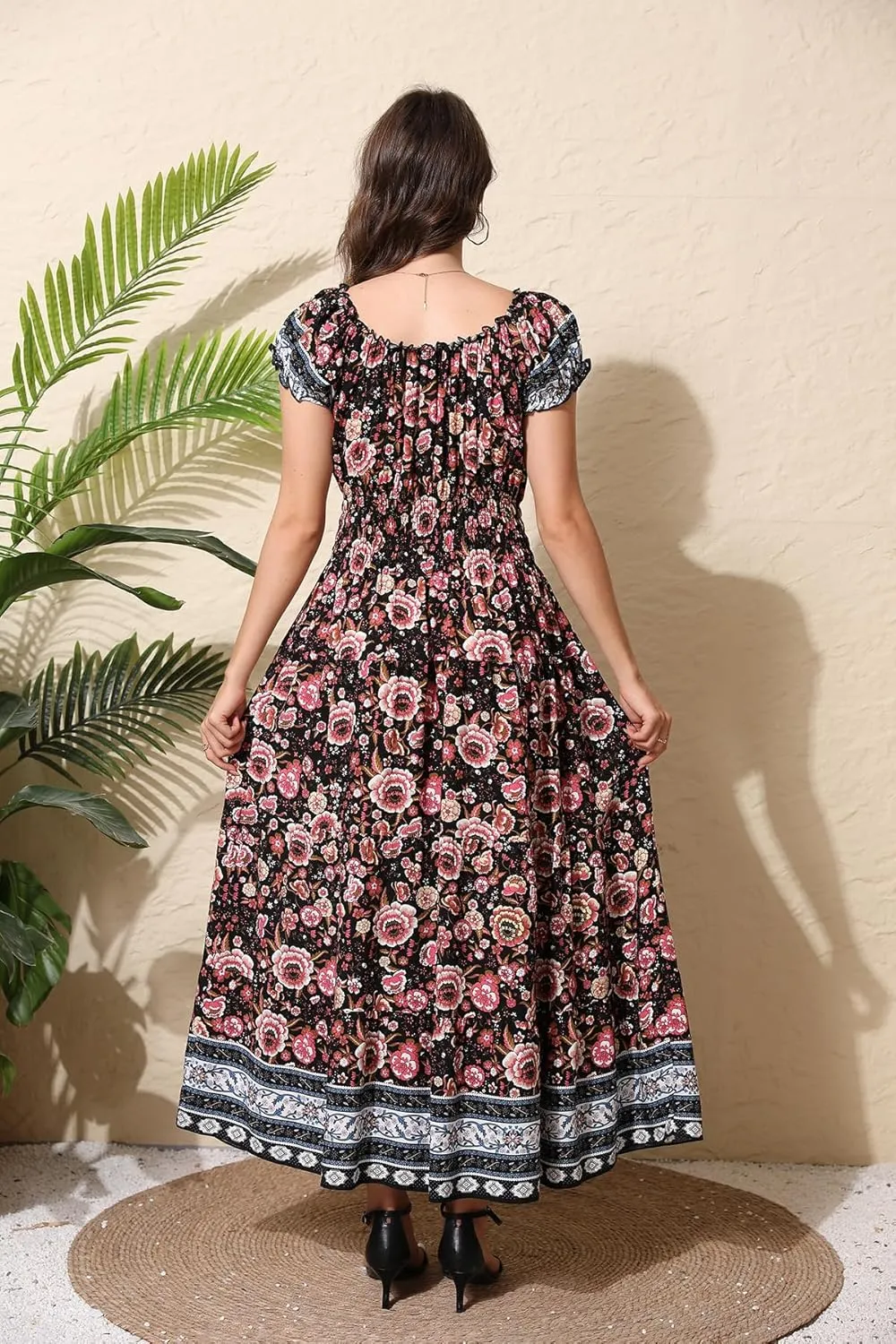 OSTOO Women's 2025 Summer Short Sleeves Boho Floral Print Tiered Casual Flowy Long Maxi Dress