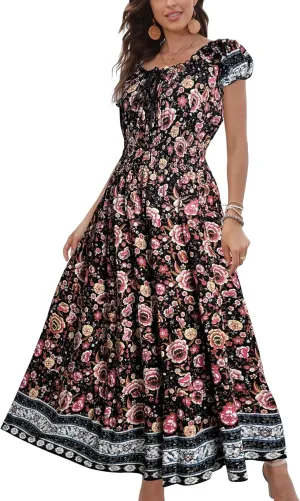 OSTOO Women's 2025 Summer Short Sleeves Boho Floral Print Tiered Casual Flowy Long Maxi Dress