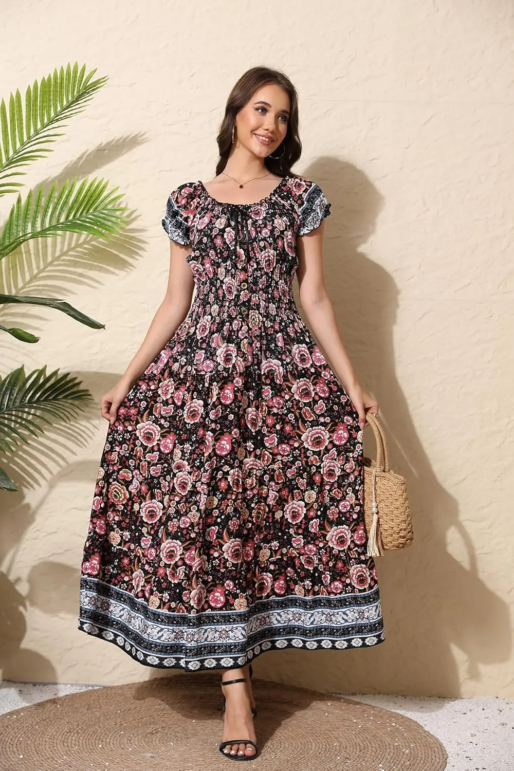 OSTOO Women's 2025 Summer Short Sleeves Boho Floral Print Tiered Casual Flowy Long Maxi Dress