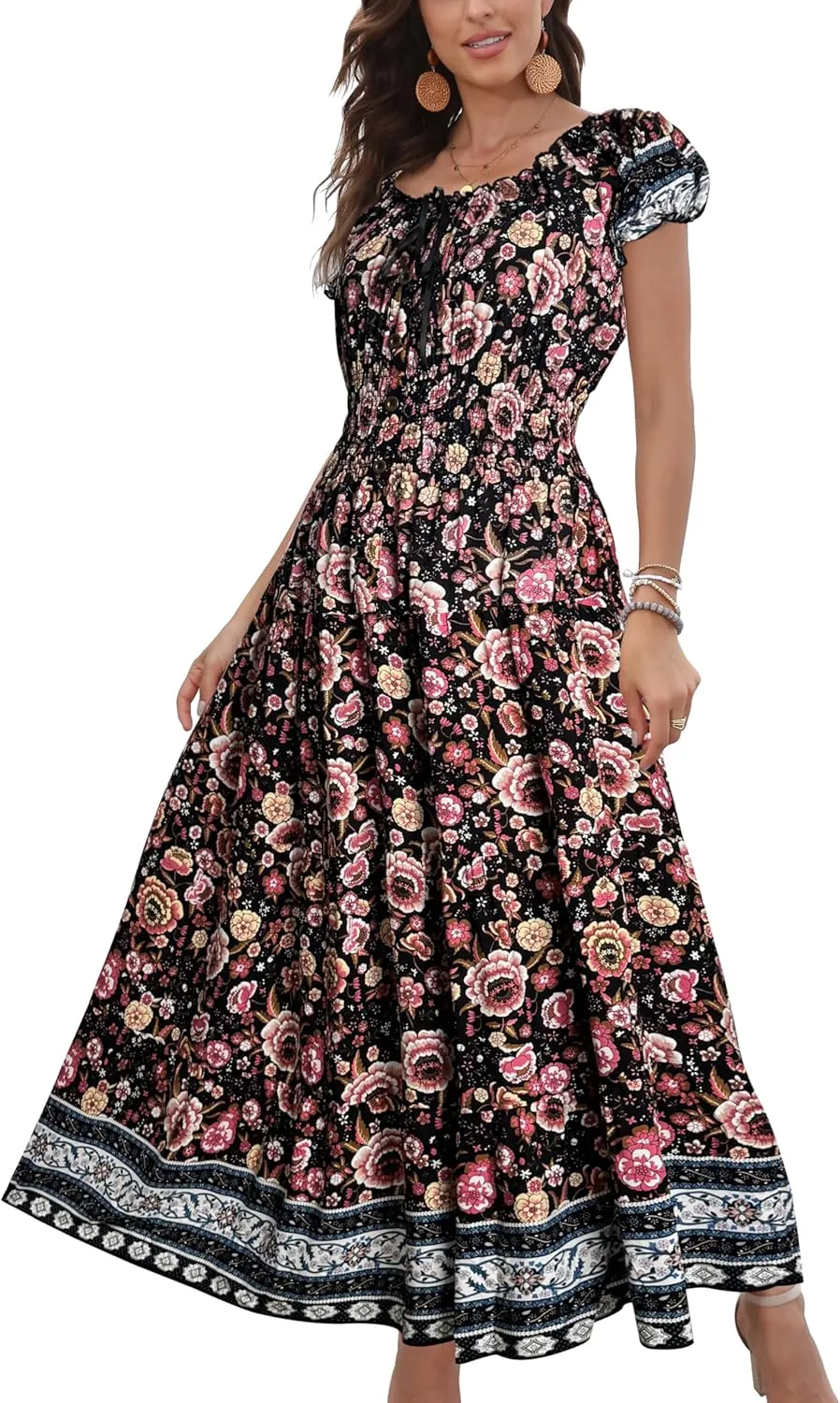 OSTOO Women's 2025 Summer Short Sleeves Boho Floral Print Tiered Casual Flowy Long Maxi Dress