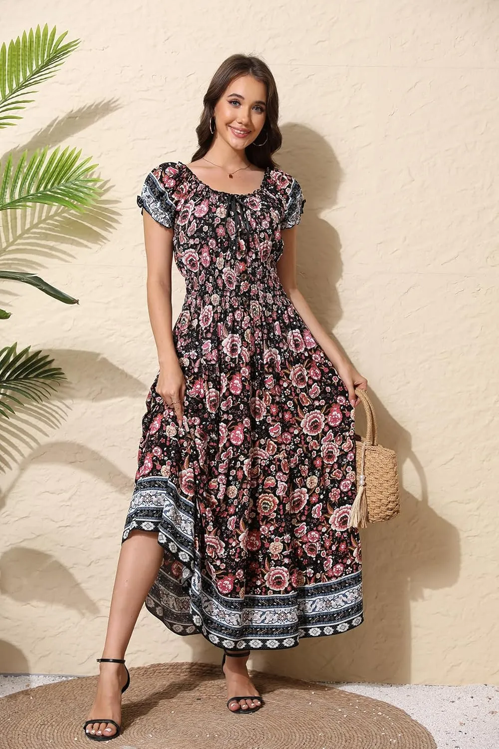 OSTOO Women's 2025 Summer Short Sleeves Boho Floral Print Tiered Casual Flowy Long Maxi Dress
