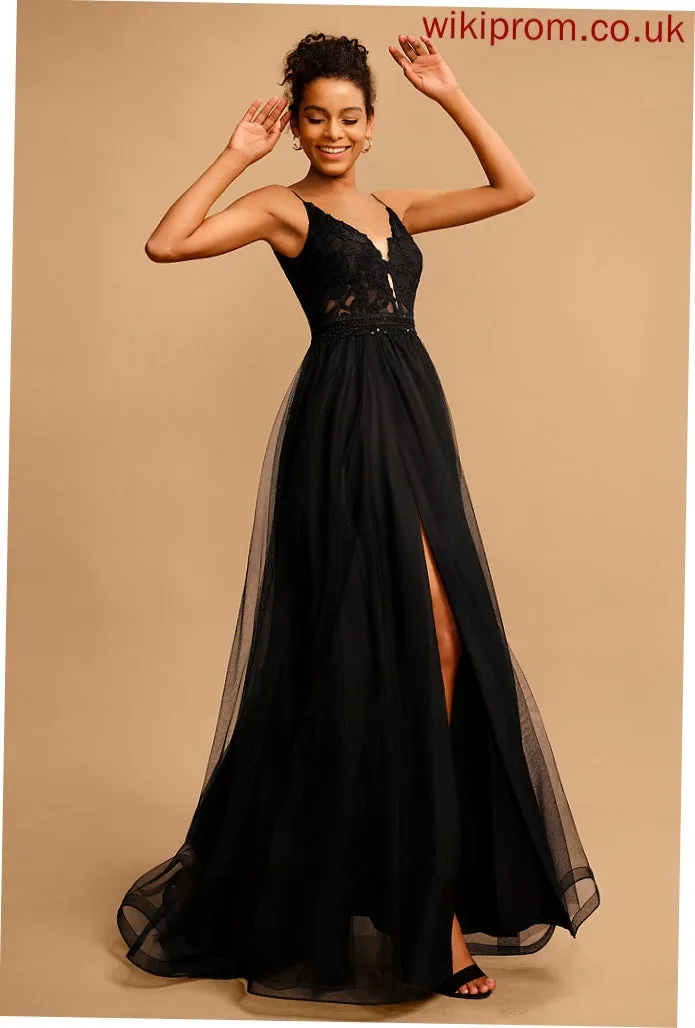 Prom Dresses With Tulle Sequins V-neck Lace Ball-Gown/Princess Floor-Length Ingrid