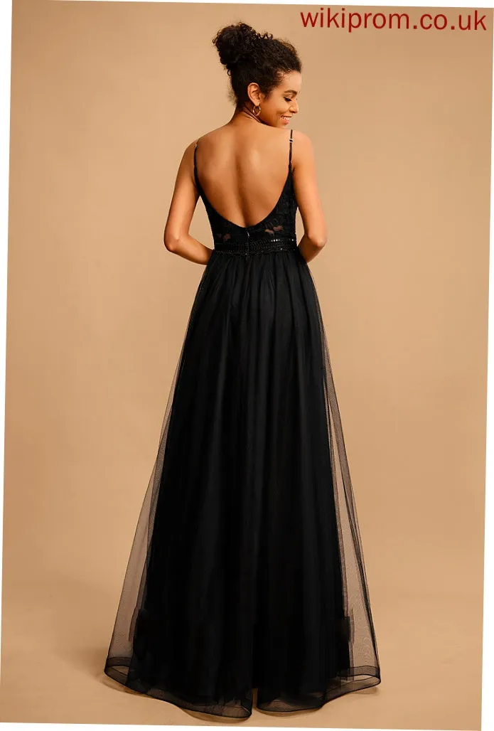 Prom Dresses With Tulle Sequins V-neck Lace Ball-Gown/Princess Floor-Length Ingrid
