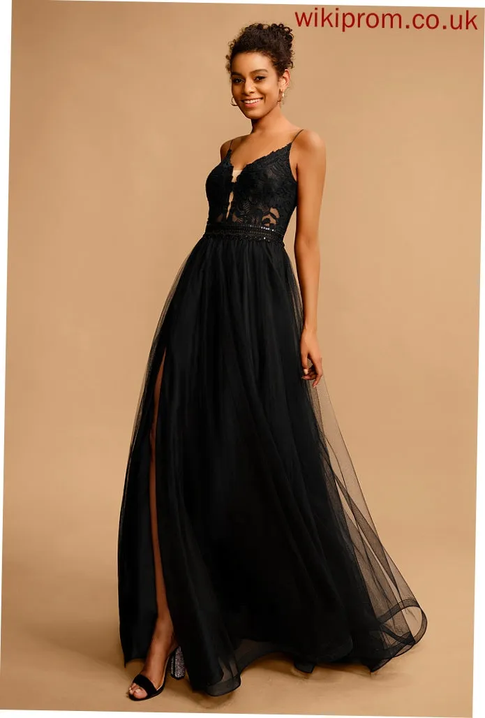 Prom Dresses With Tulle Sequins V-neck Lace Ball-Gown/Princess Floor-Length Ingrid