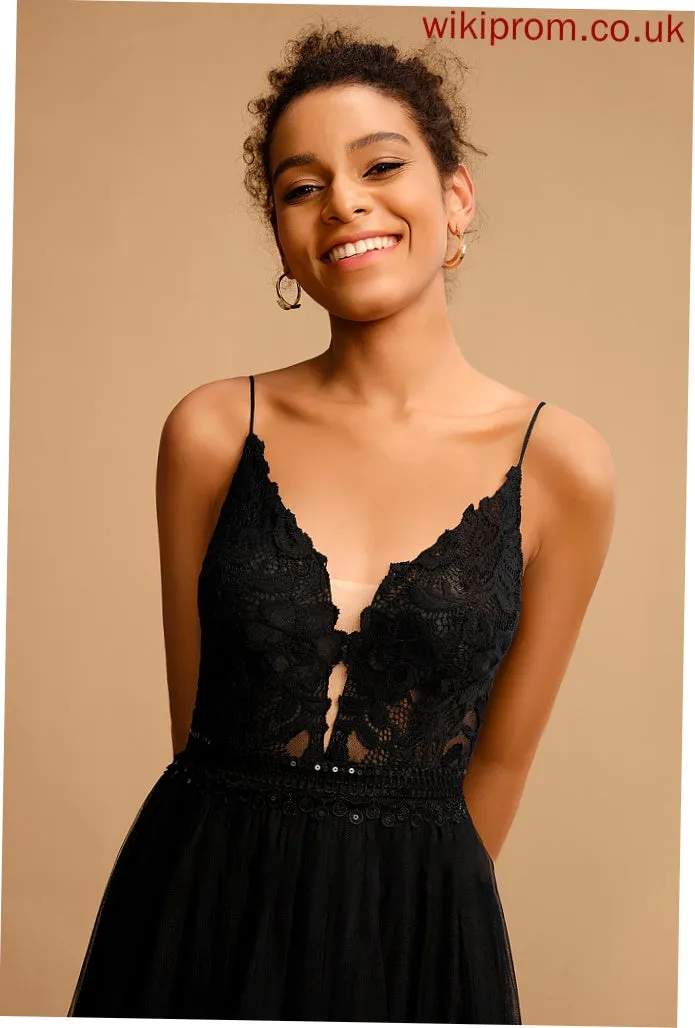 Prom Dresses With Tulle Sequins V-neck Lace Ball-Gown/Princess Floor-Length Ingrid