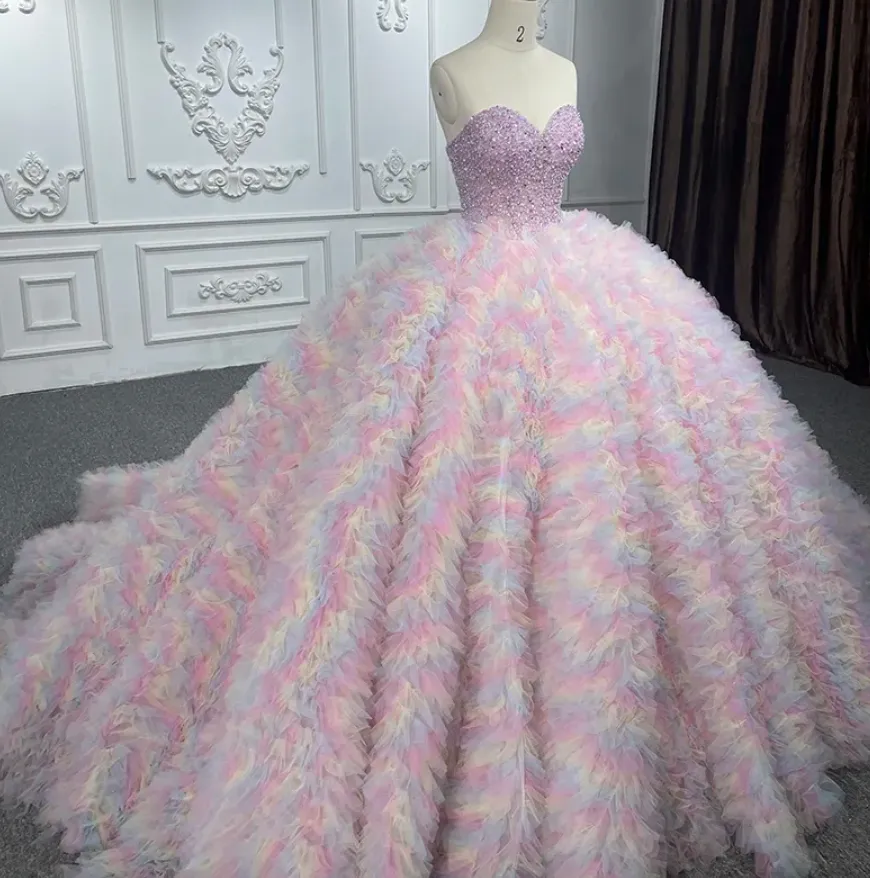 Quinceanera Pink Pastel Rainbow Ball Gown Dress