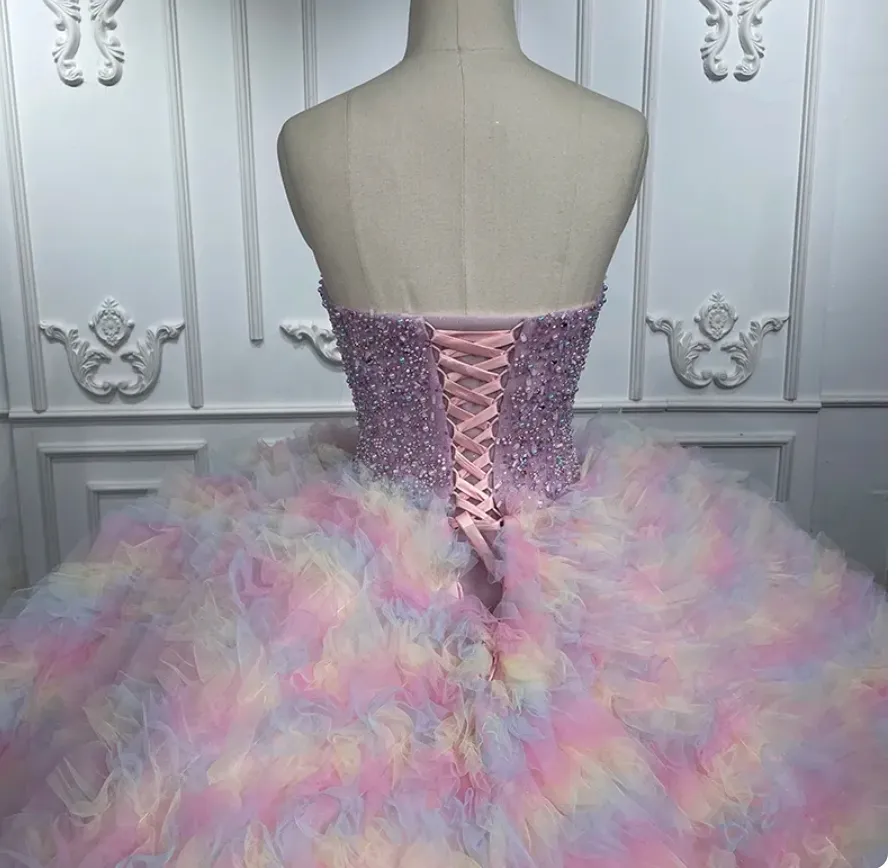 Quinceanera Pink Pastel Rainbow Ball Gown Dress