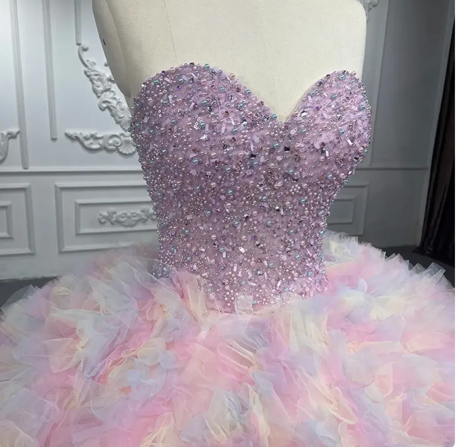 Quinceanera Pink Pastel Rainbow Ball Gown Dress