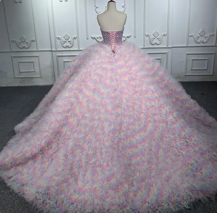 Quinceanera Pink Pastel Rainbow Ball Gown Dress