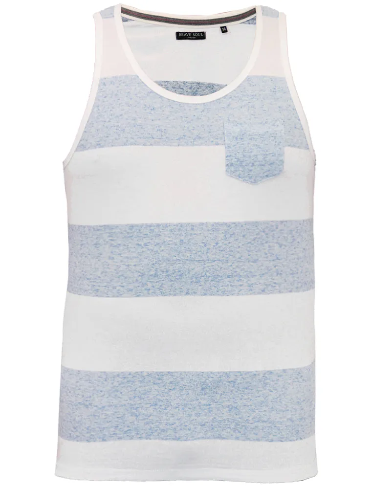 Remus Striped Vest Top With Chest Pocket in White & Blue Marl