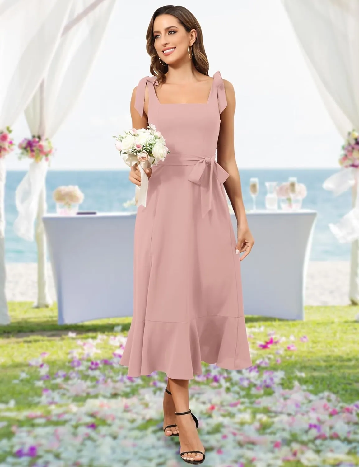 ROYAL MATRIX Women's Midi Dresses for Wedding Guest Semi Formal Dress for Cocktail Party Square Neck Split Bridesmaid Dress