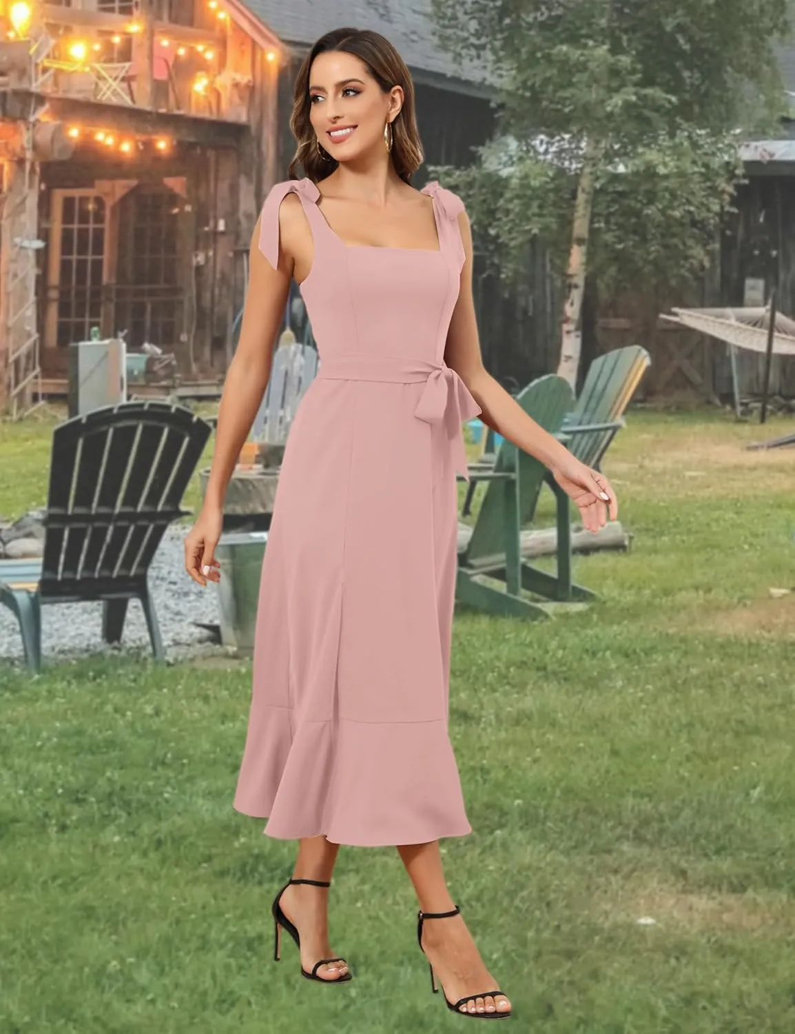 ROYAL MATRIX Women's Midi Dresses for Wedding Guest Semi Formal Dress for Cocktail Party Square Neck Split Bridesmaid Dress