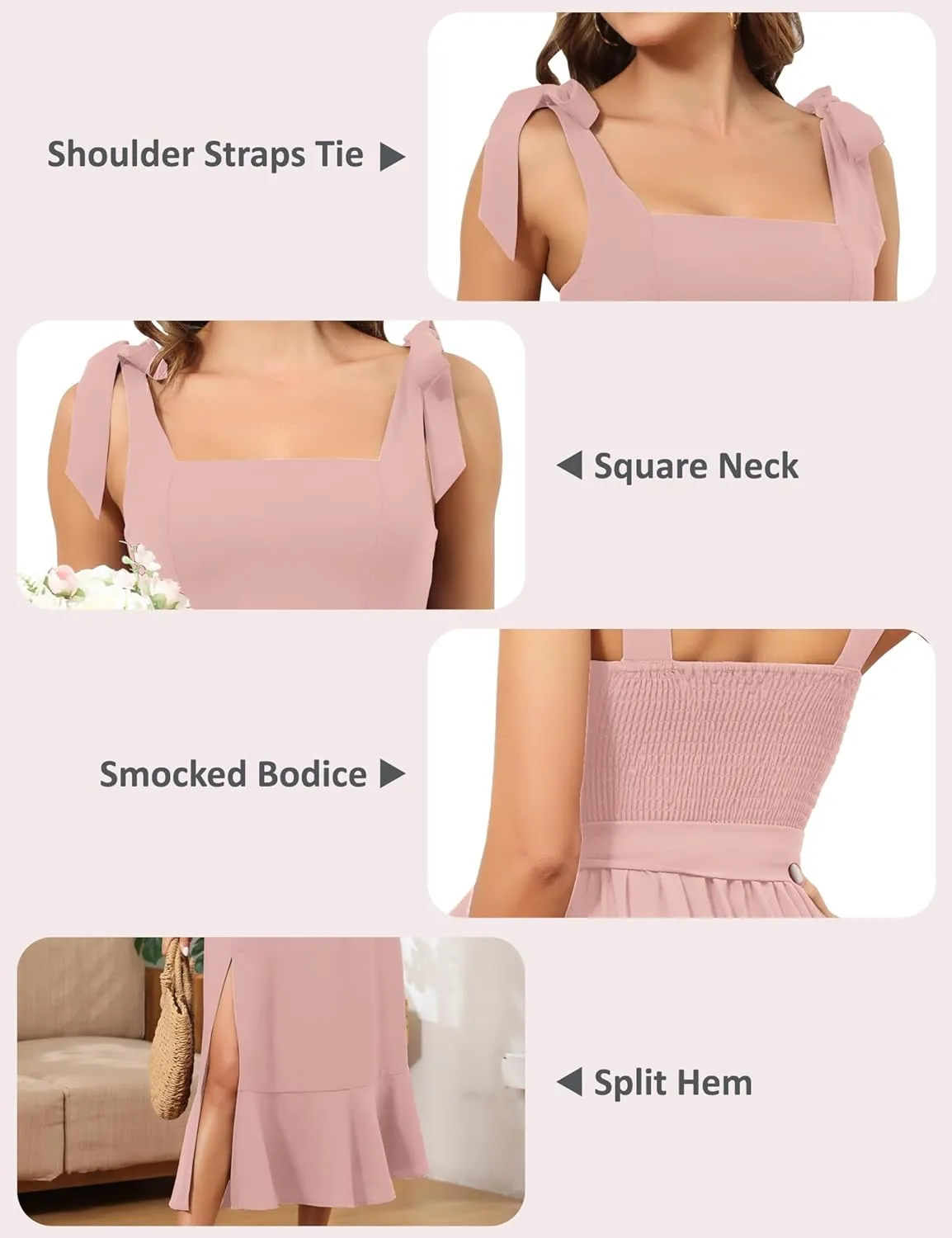 ROYAL MATRIX Women's Midi Dresses for Wedding Guest Semi Formal Dress for Cocktail Party Square Neck Split Bridesmaid Dress