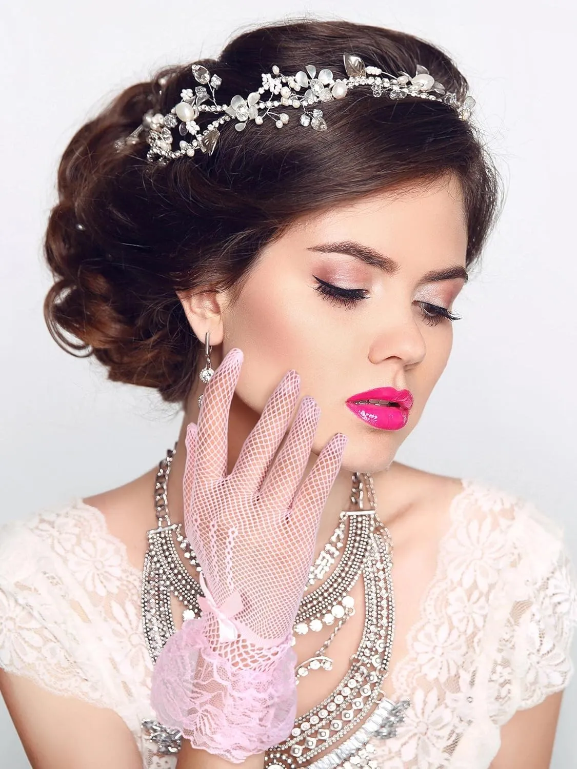 SATINIOR Women Lace Gloves Elegant Short Lace Tea Party Gloves for Women Wedding Dinner Party