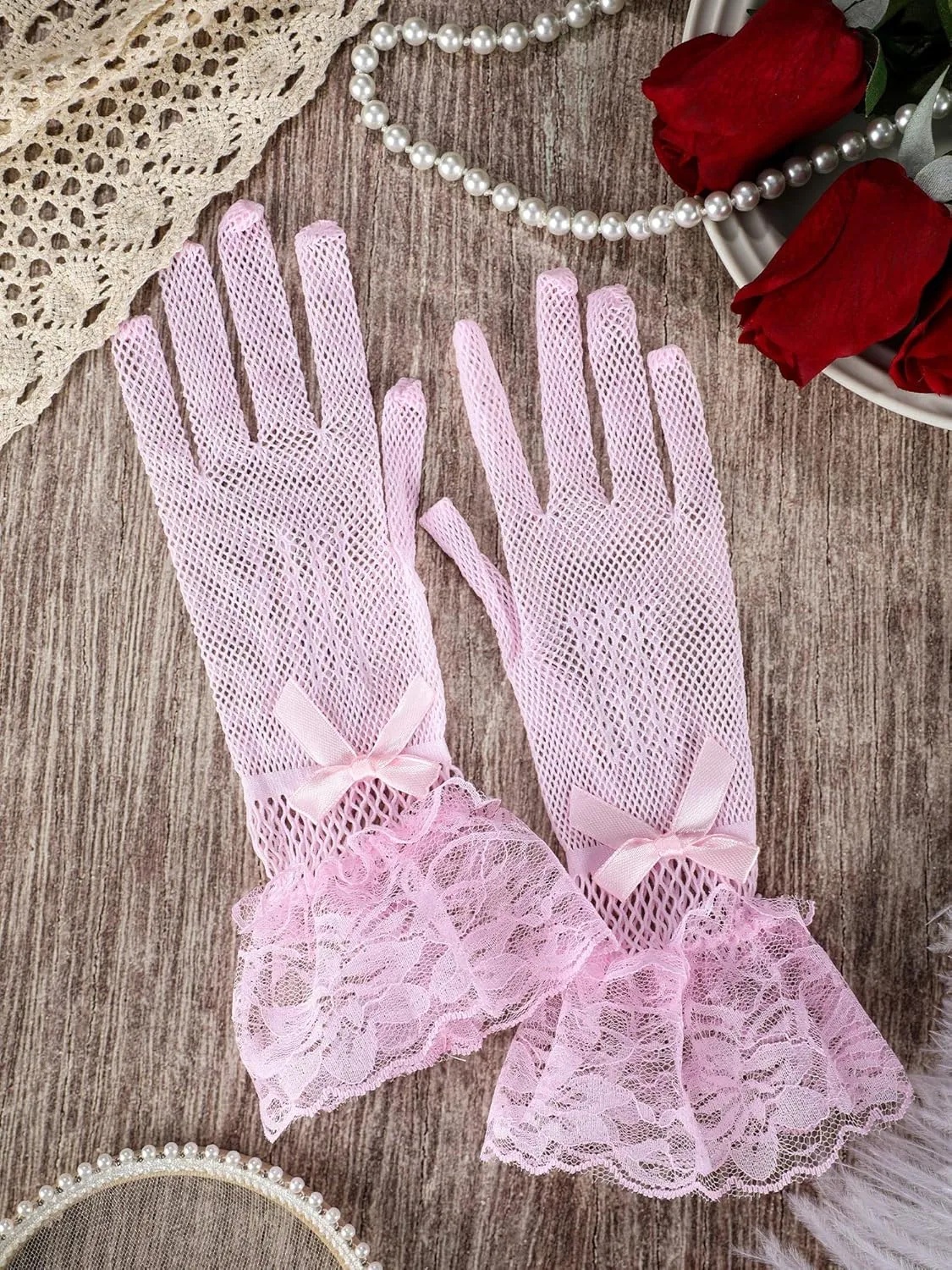 SATINIOR Women Lace Gloves Elegant Short Lace Tea Party Gloves for Women Wedding Dinner Party
