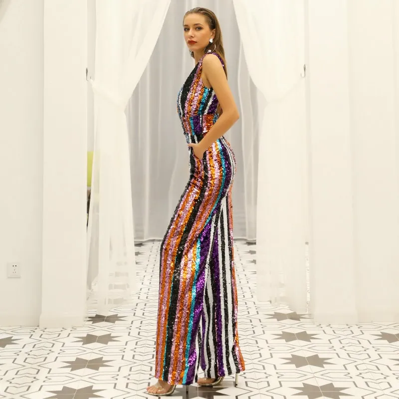 sd-hk Deep V Multi-Color Sequins Backless Stripes Jumpsuits