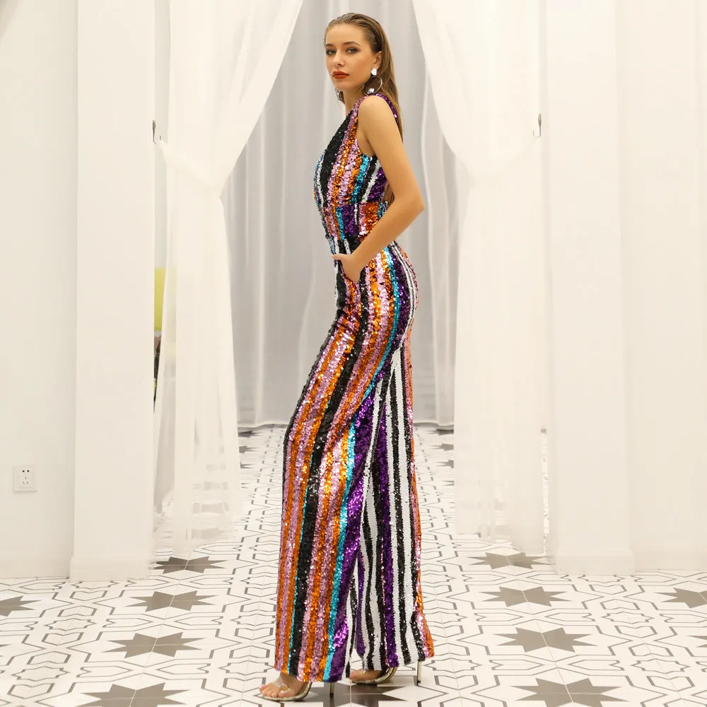 sd-hk Deep V Multi-Color Sequins Backless Stripes Jumpsuits