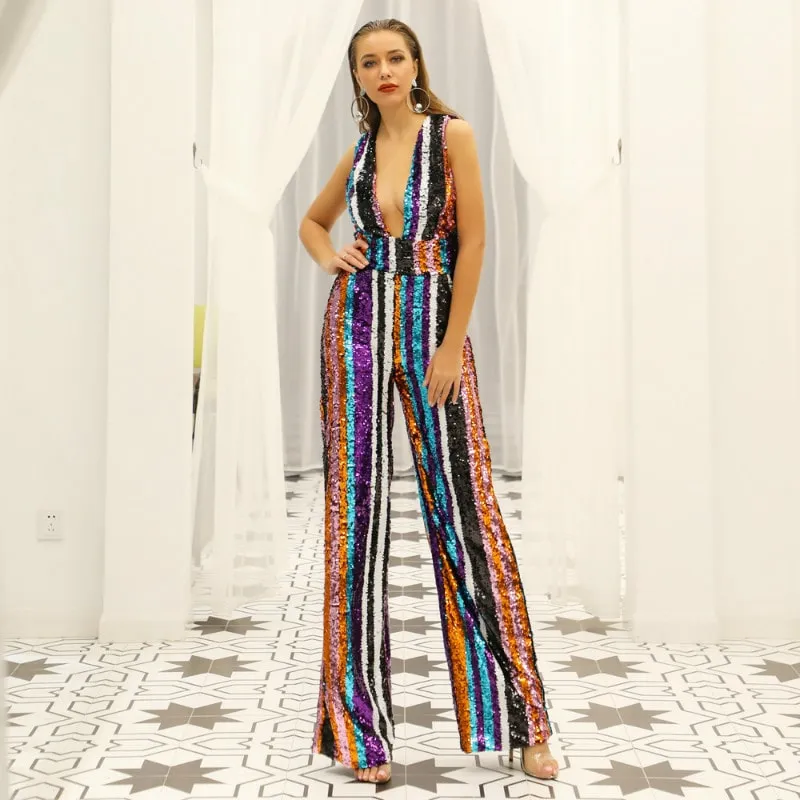 sd-hk Deep V Multi-Color Sequins Backless Stripes Jumpsuits