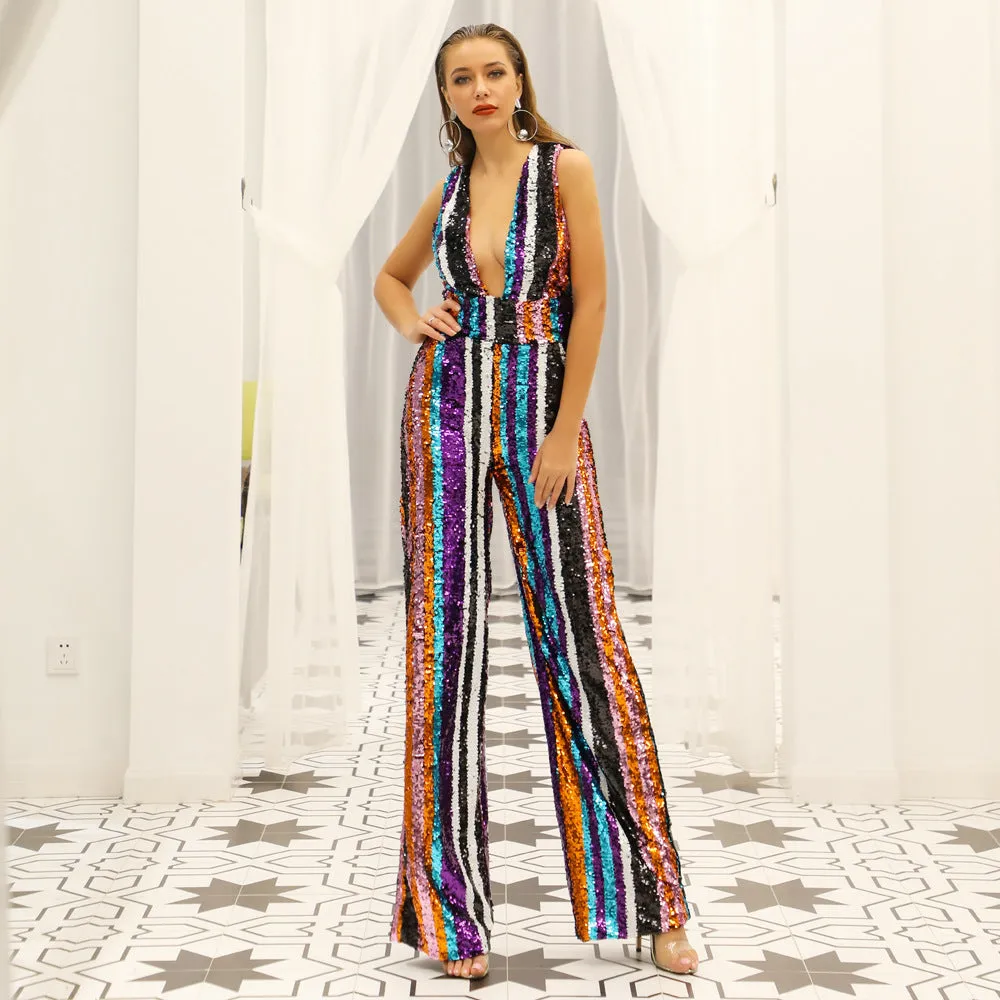 sd-hk Deep V Multi-Color Sequins Backless Stripes Jumpsuits