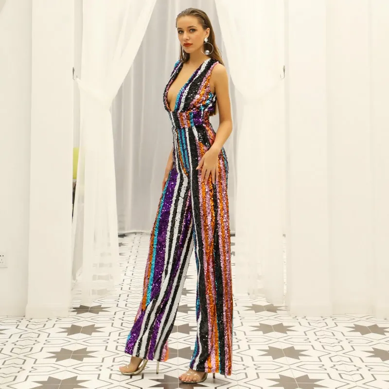 sd-hk Deep V Multi-Color Sequins Backless Stripes Jumpsuits
