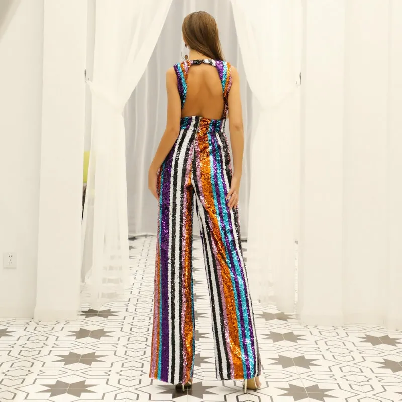 sd-hk Deep V Multi-Color Sequins Backless Stripes Jumpsuits