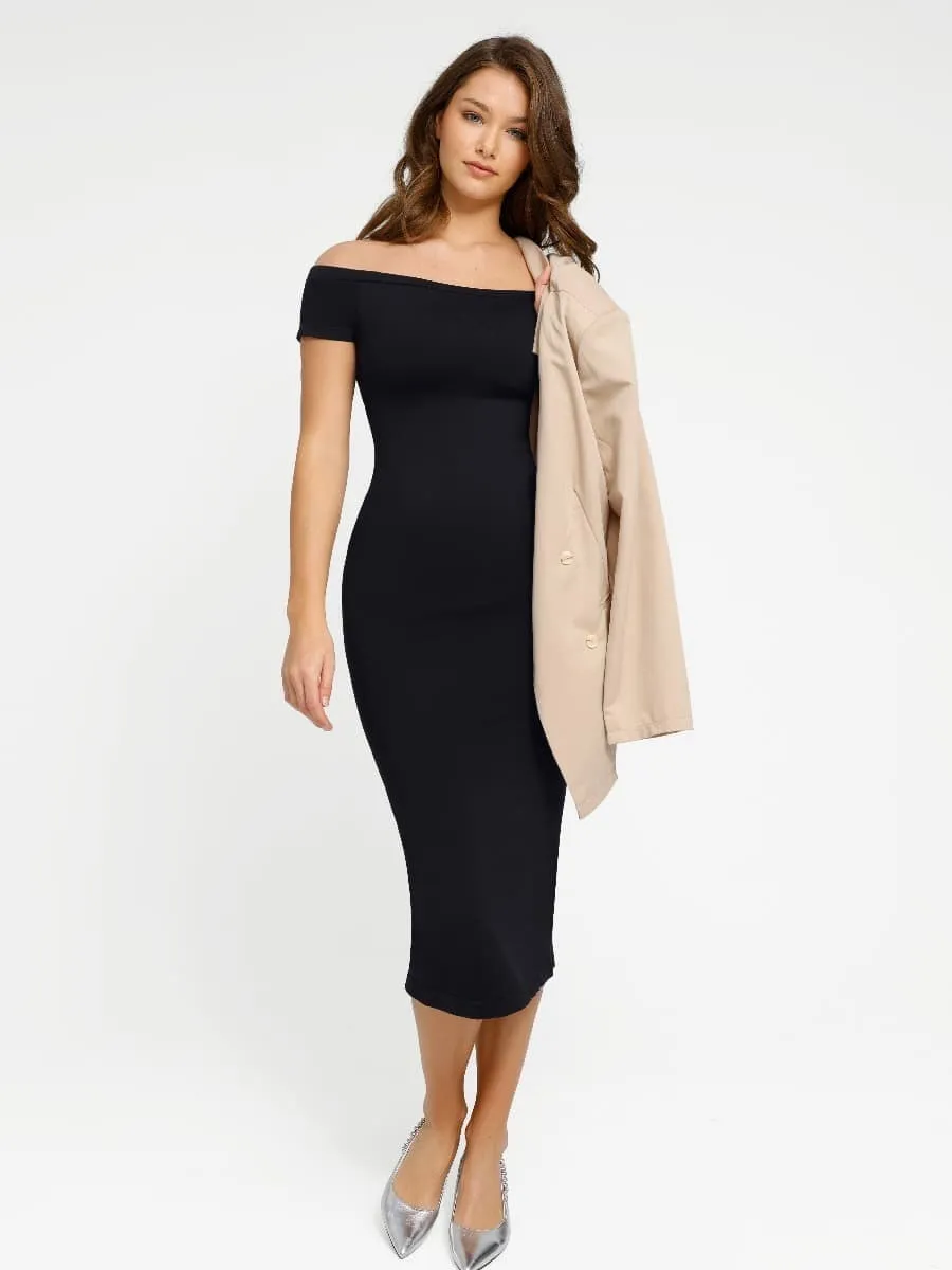 Seamless Off Shoulder Bodycon Shapewear Midi Dress