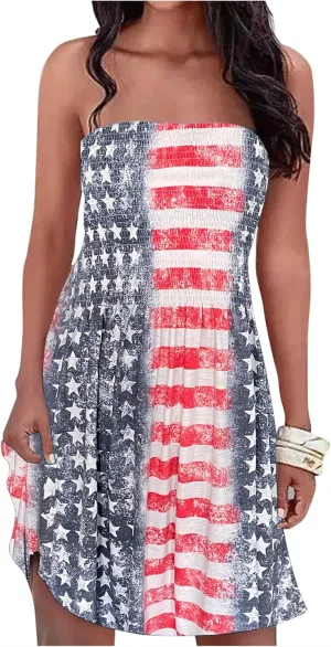 Summer Dress for Women Beach Floral Cover Ups Spaghetti Strap Sundress Smocked Strapless A-Line Mini Dresses