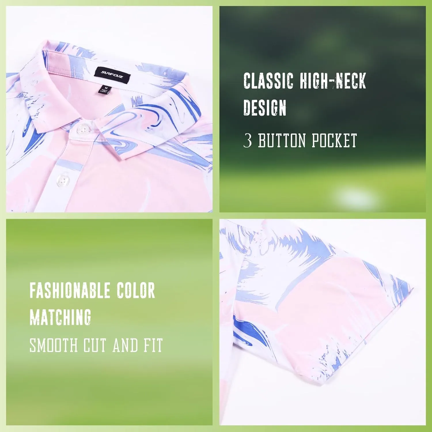 SURF CUZ Golf Shirt Moisture Wicking for Men Dry Fit Polo Shirts Short Sleeve Print Performance 4-Way Stretch